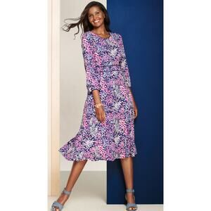 new TALBOTS blue pink navy georgette Floral Garden Fit & Flare petite midi dress